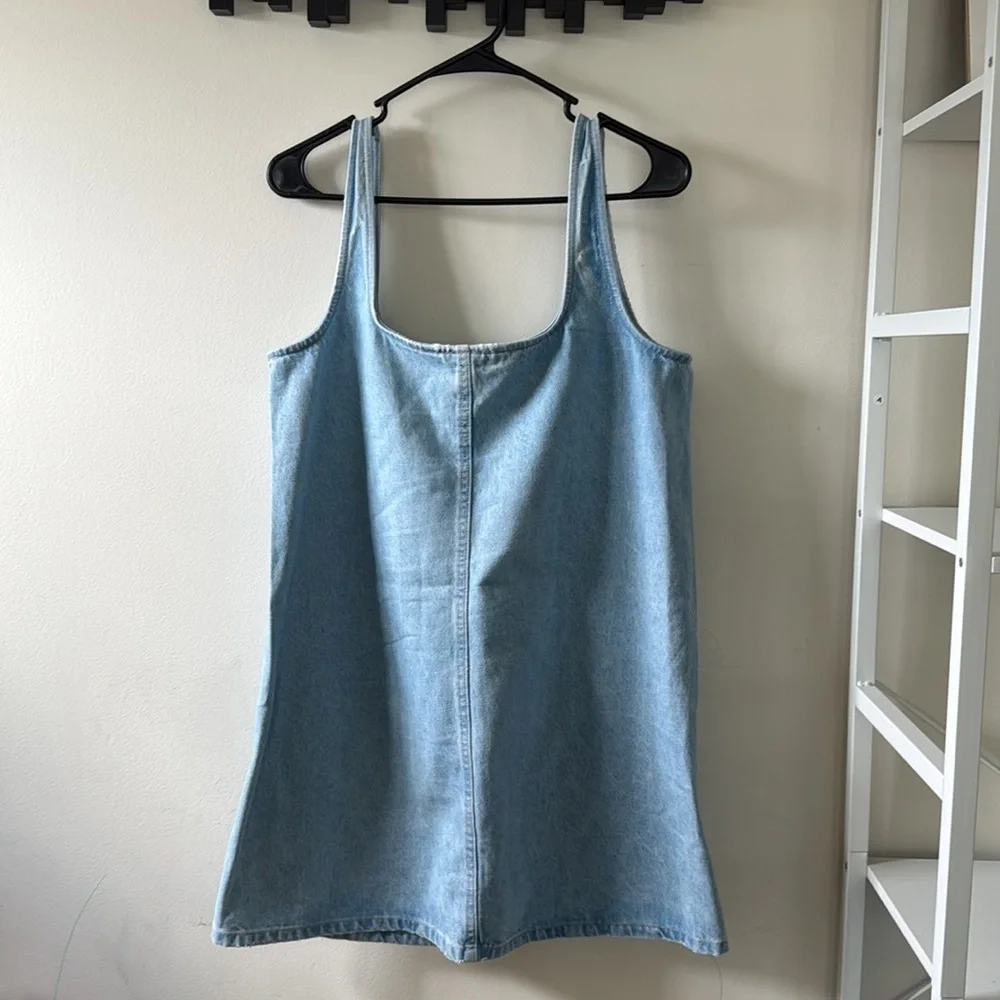 Zara Square Neck Light Blue Denim Mini Dress Sz L - Picture 4 of 11